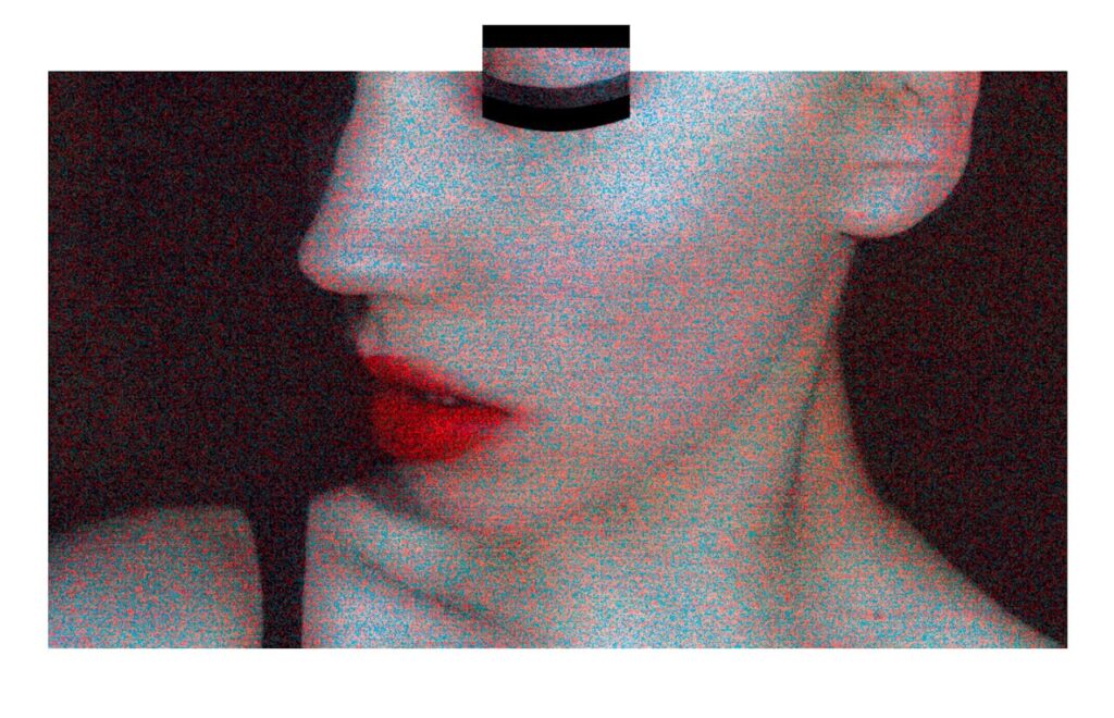 Abstract portrait with red lips and grainy texture, creating a contemporary artistic vibe.
